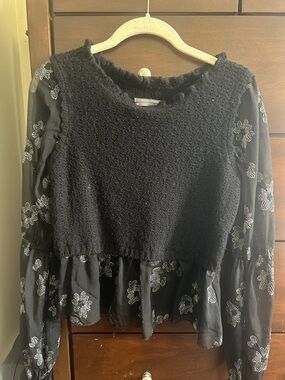 Anthropologie Black Mixed-Media Floral Peplum Tunic